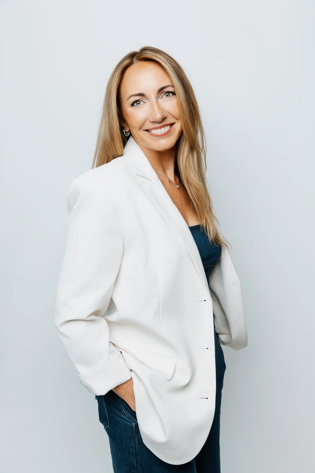 Jocelyn Reyburn in a white blazer